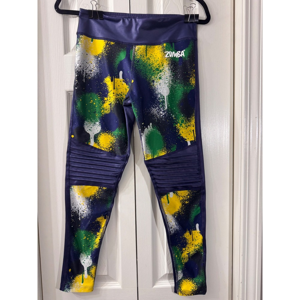 Zumba Fitness Leggings Purple Graffiti Splatter Moto Ribbed Knee Women Small